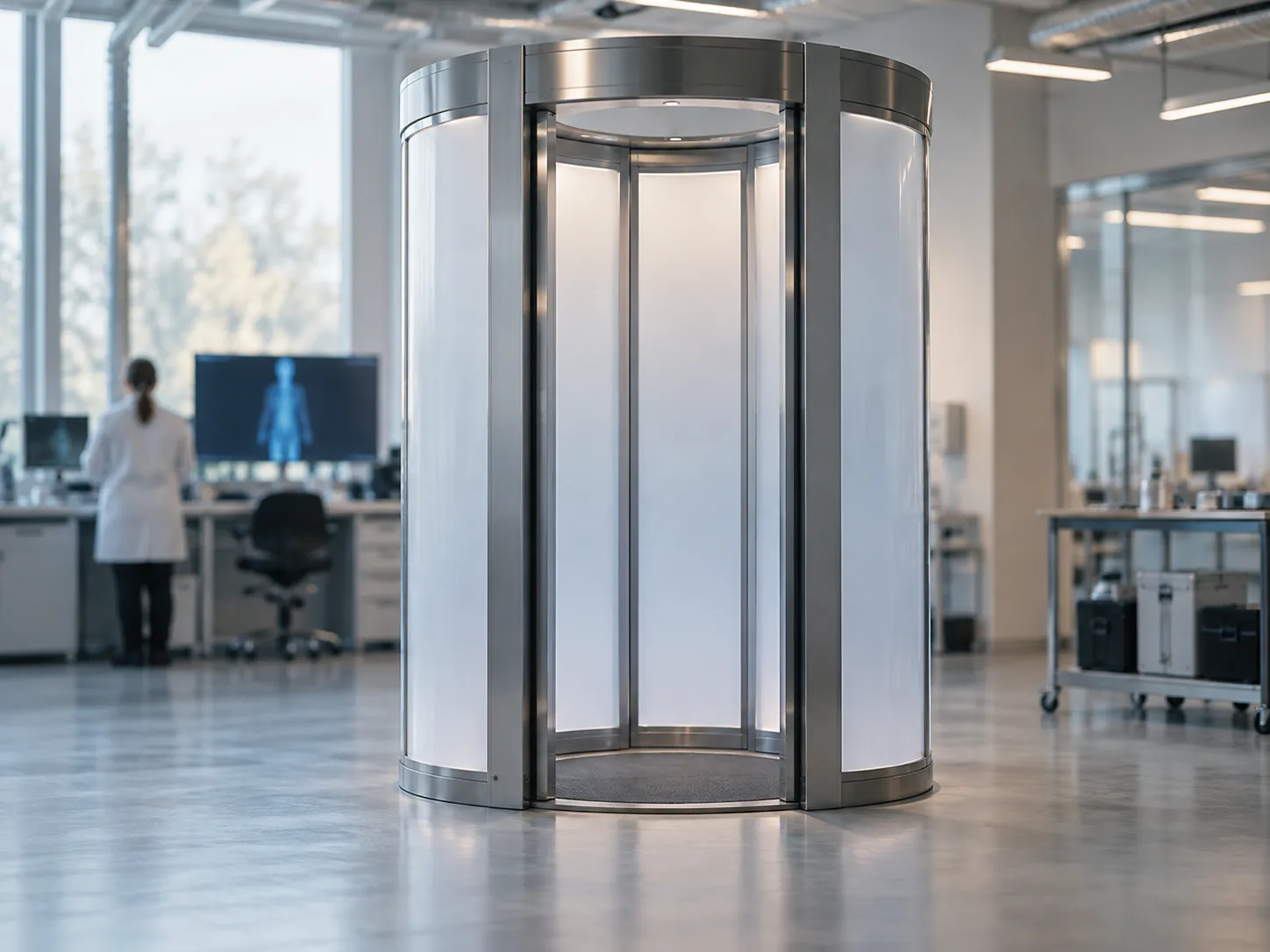 An empty body-scanner booth in a research lab, with a 3D scan on a monitor behind it
