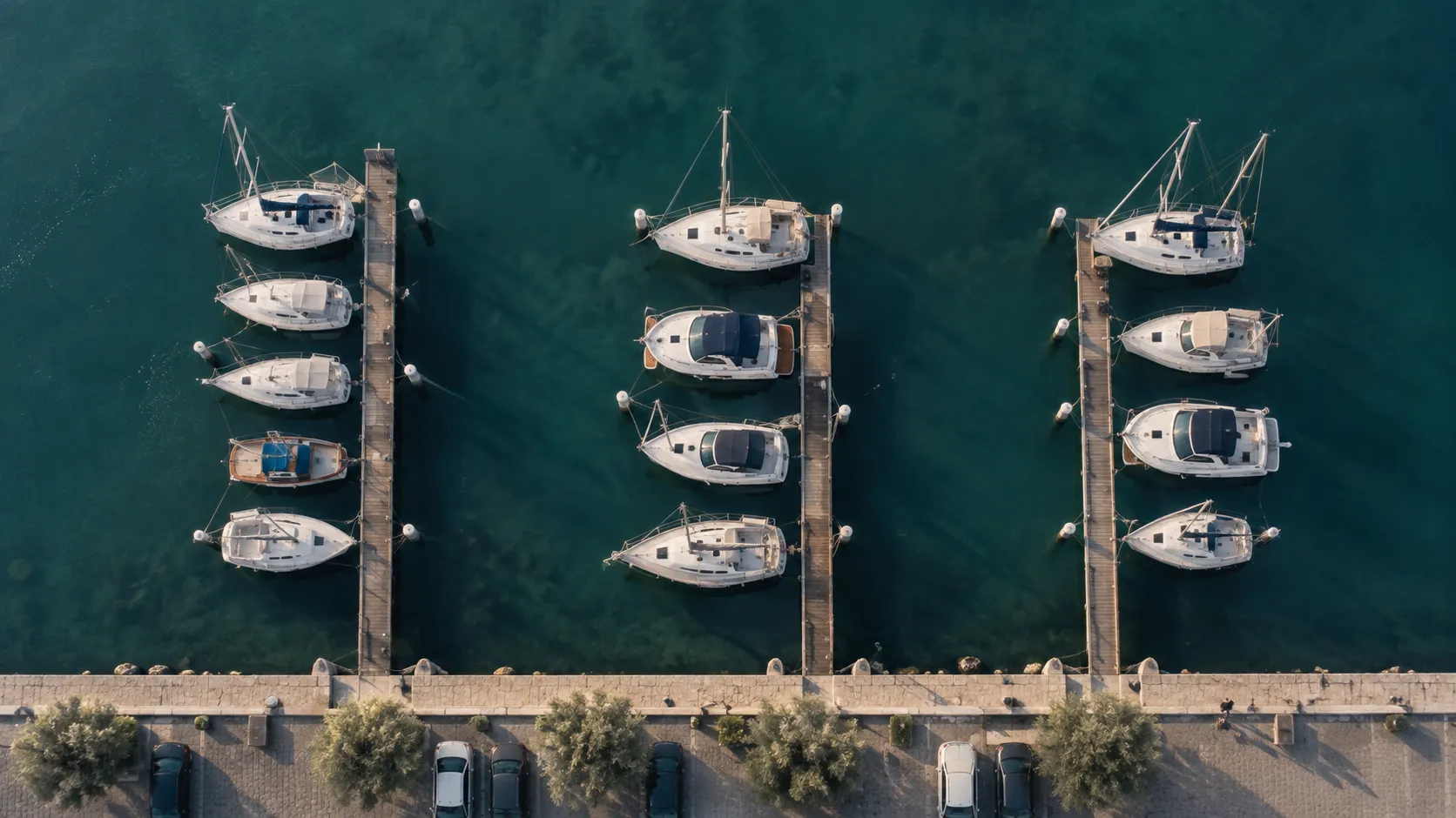 Aerial photo of a marina with every boat and car outlined, one label marked as corrected by a reviewer