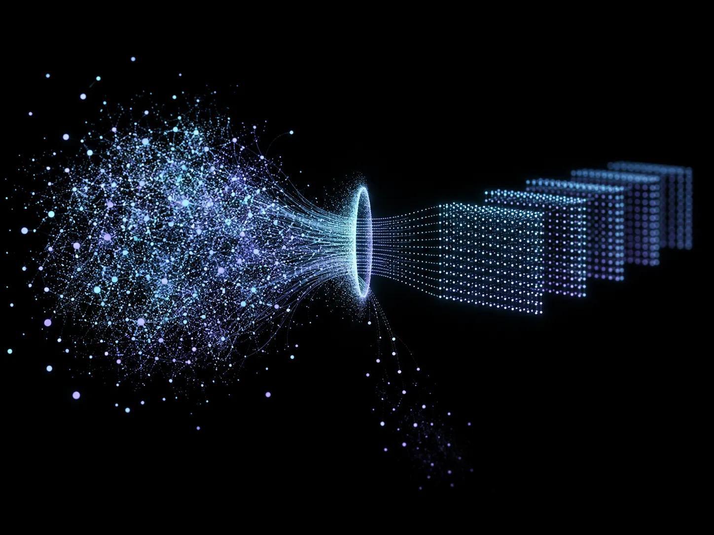 A visualization of a scattered cloud of data points flowing through a ring and coming out as neat, evenly spaced blocks, with rejected points falling away