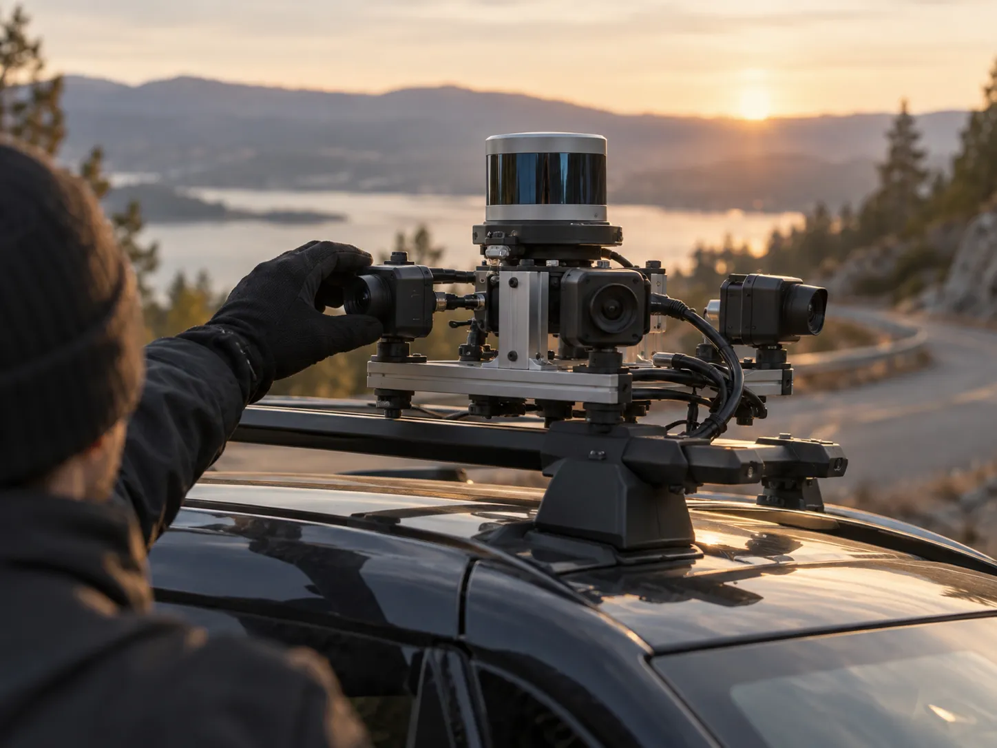A gloved hand adjusting one camera on a compact multi-camera and lidar rig mounted on a vehicle roof