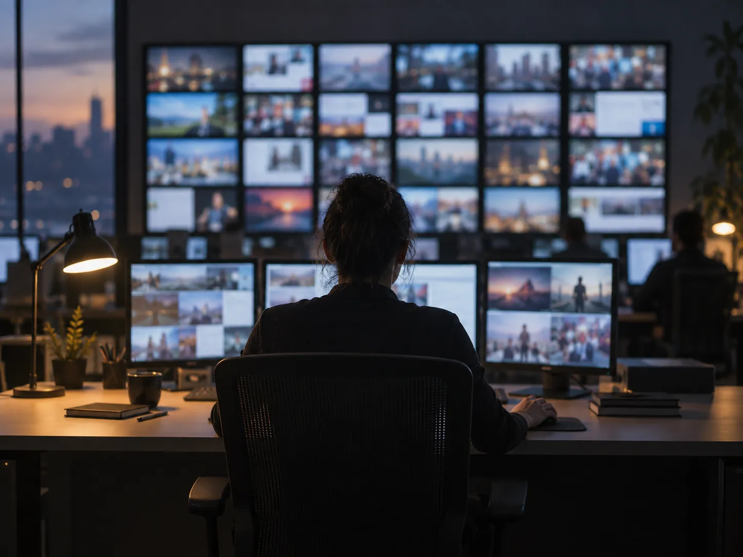 A reviewer seen from behind at a desk facing a wall of small monitors showing video thumbnails