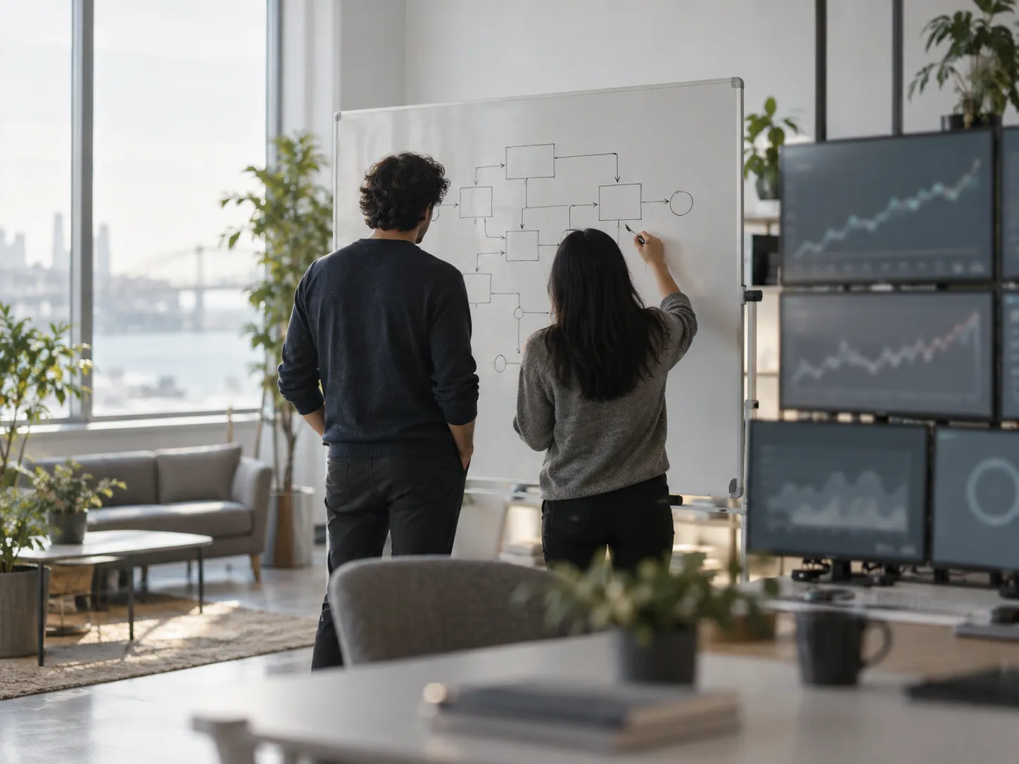 Two engineers seen from behind sketching a diagram on a whiteboard beside a wall of monitors showing line charts