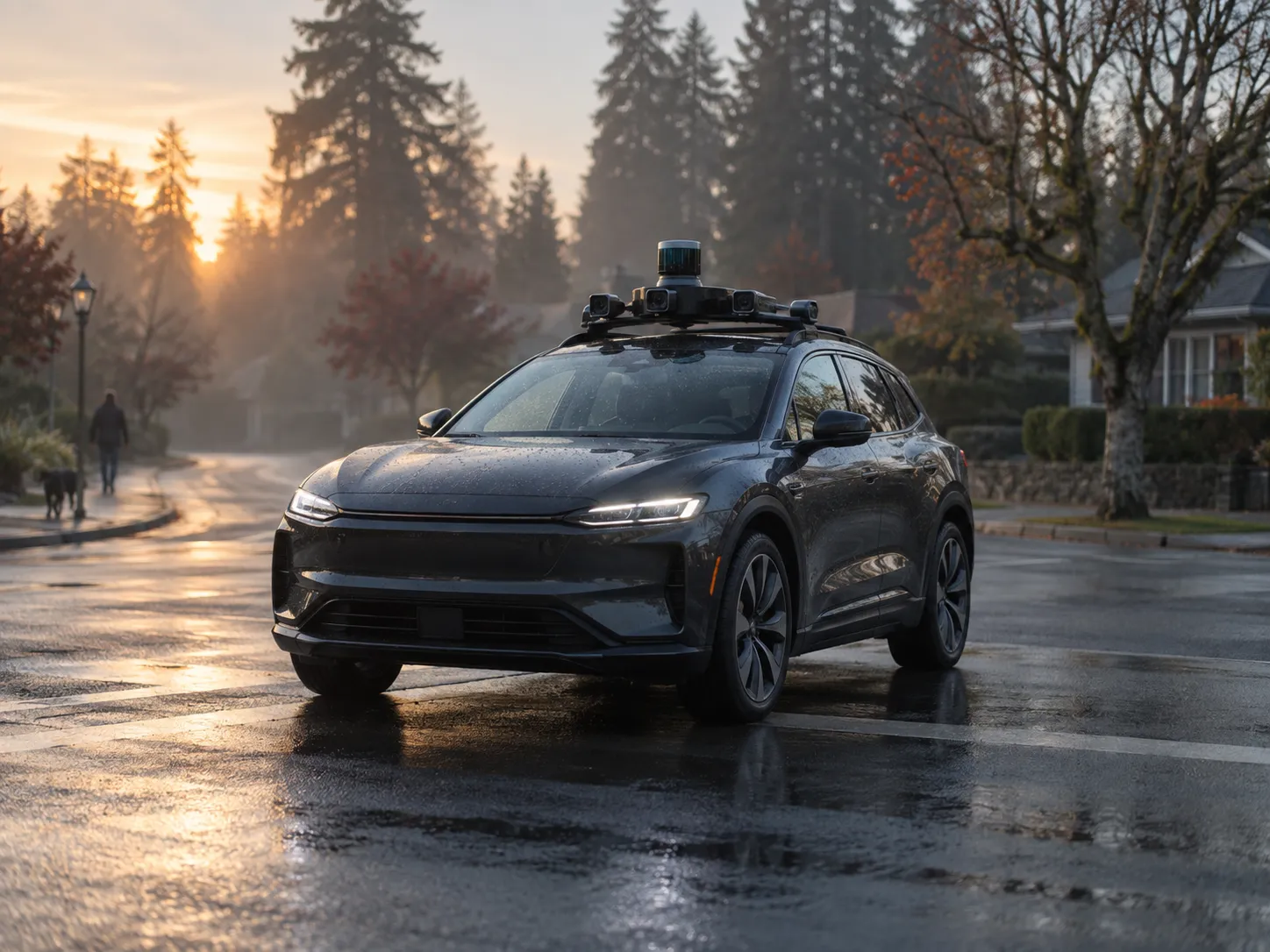 A dark test car with a roof-mounted camera and lidar pod at a wet suburban intersection at dawn