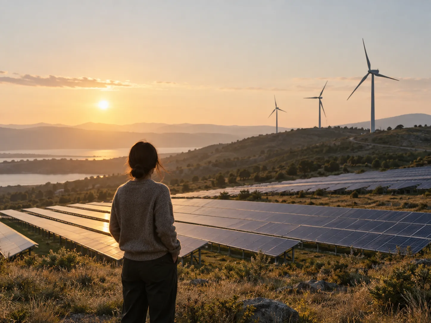 A person looking over rows of solar panels toward wind turbines on a ridge at golden hour