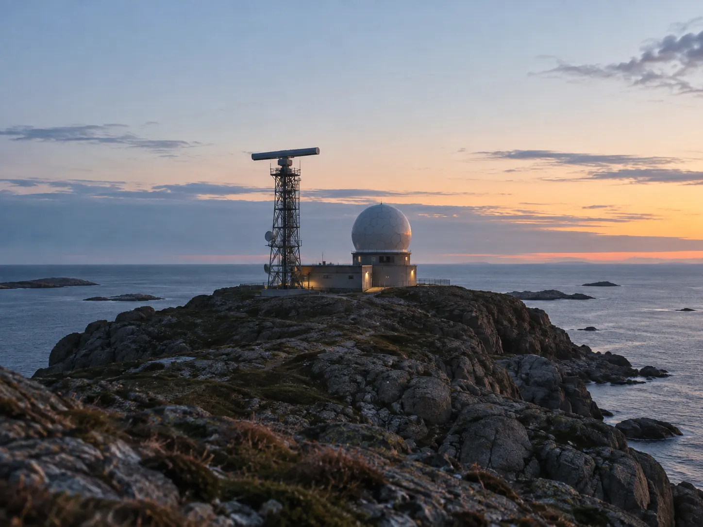 A coastal radar mast and radome on a rocky headland at blue hour