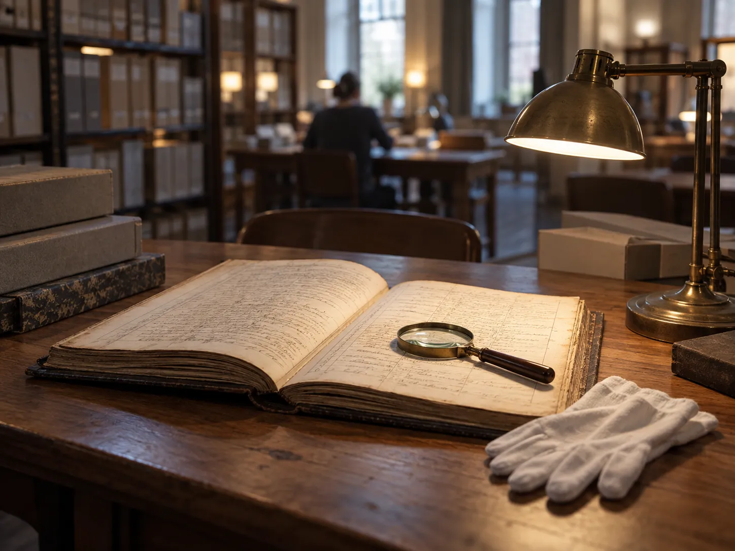An open handwritten ledger with a magnifying glass and archival gloves on a reading-room table