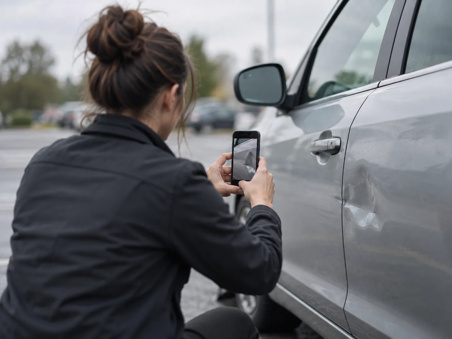 A claims adjuster seen from behind photographing a dented car door with a phone