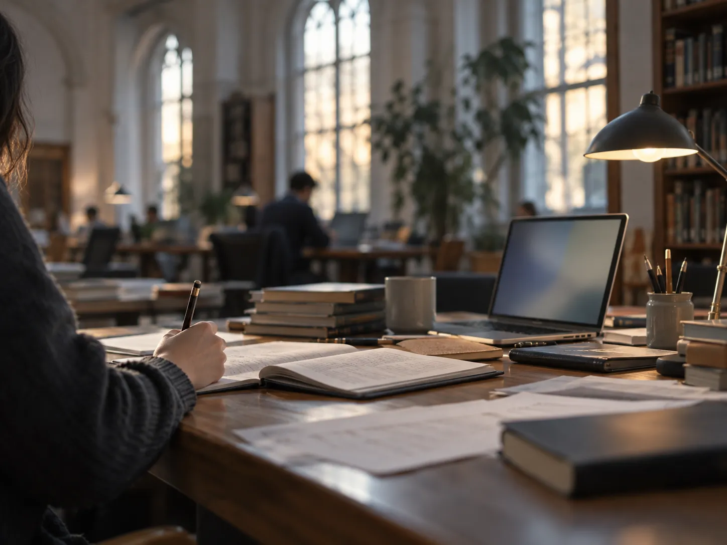 A researcher writing at a library table with open notebooks, papers, and a laptop