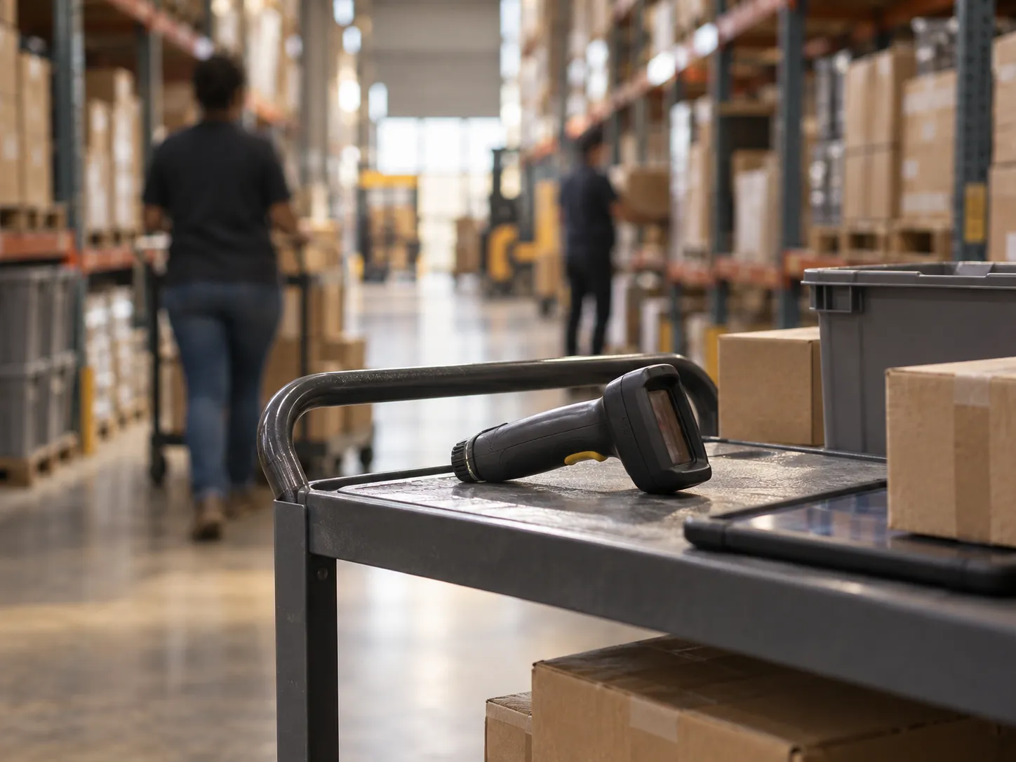 A barcode scanner on a cart in a warehouse aisle lined with shelves of boxes