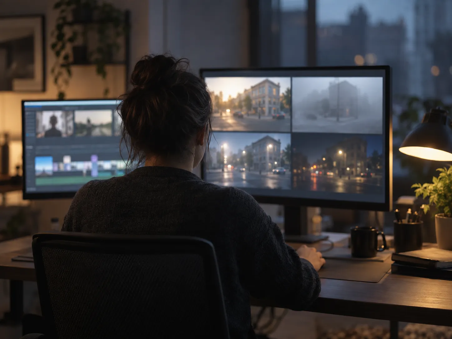 An annotator seen from behind at a monitor reviewing four versions of a street scene, with a video timeline on a second screen