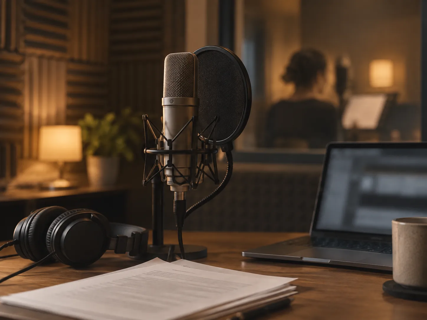 A studio microphone, headphones, and printed transcripts in a recording booth