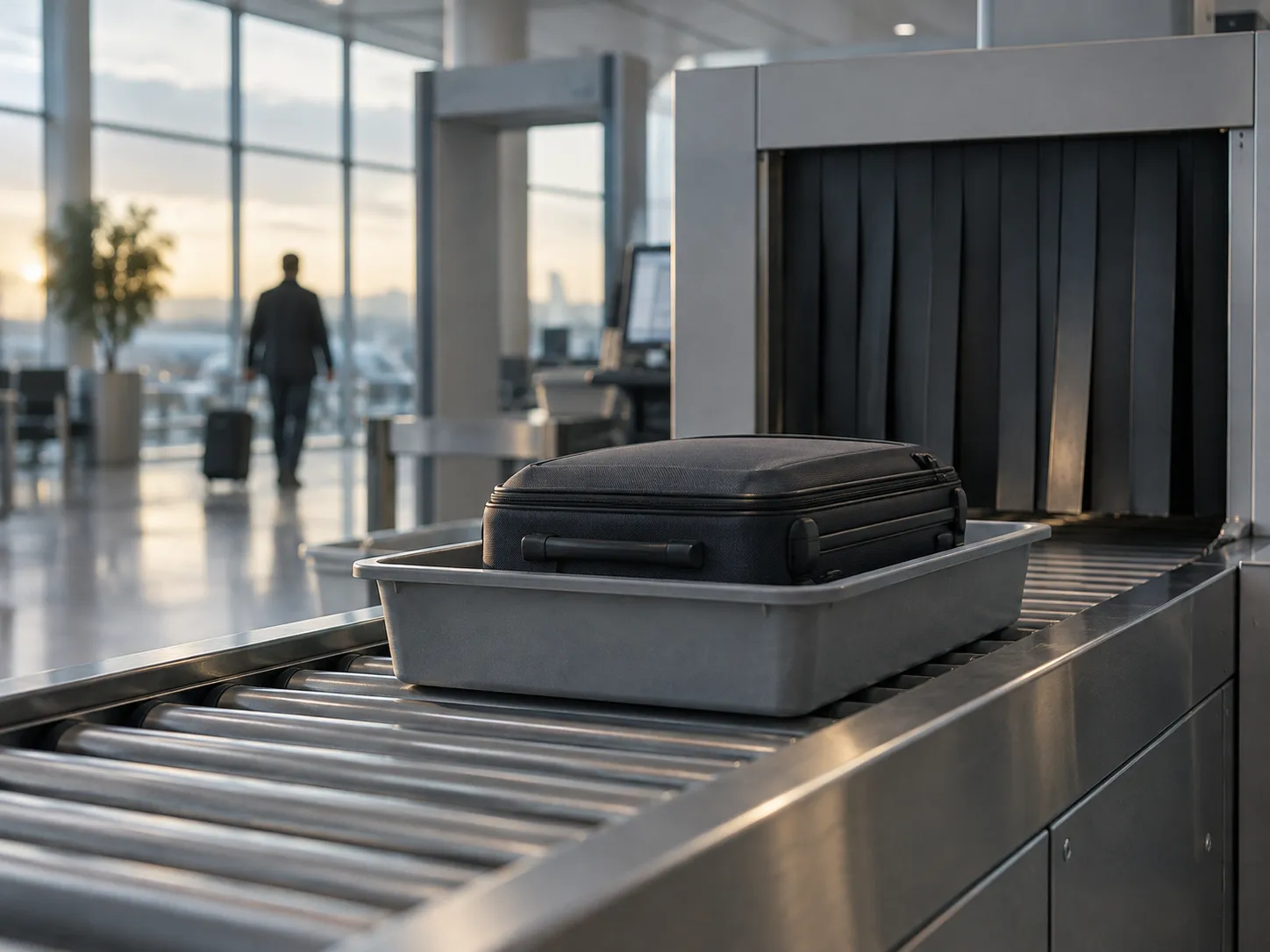 A carry-on bag in a bin rolling into an airport X-ray scanner