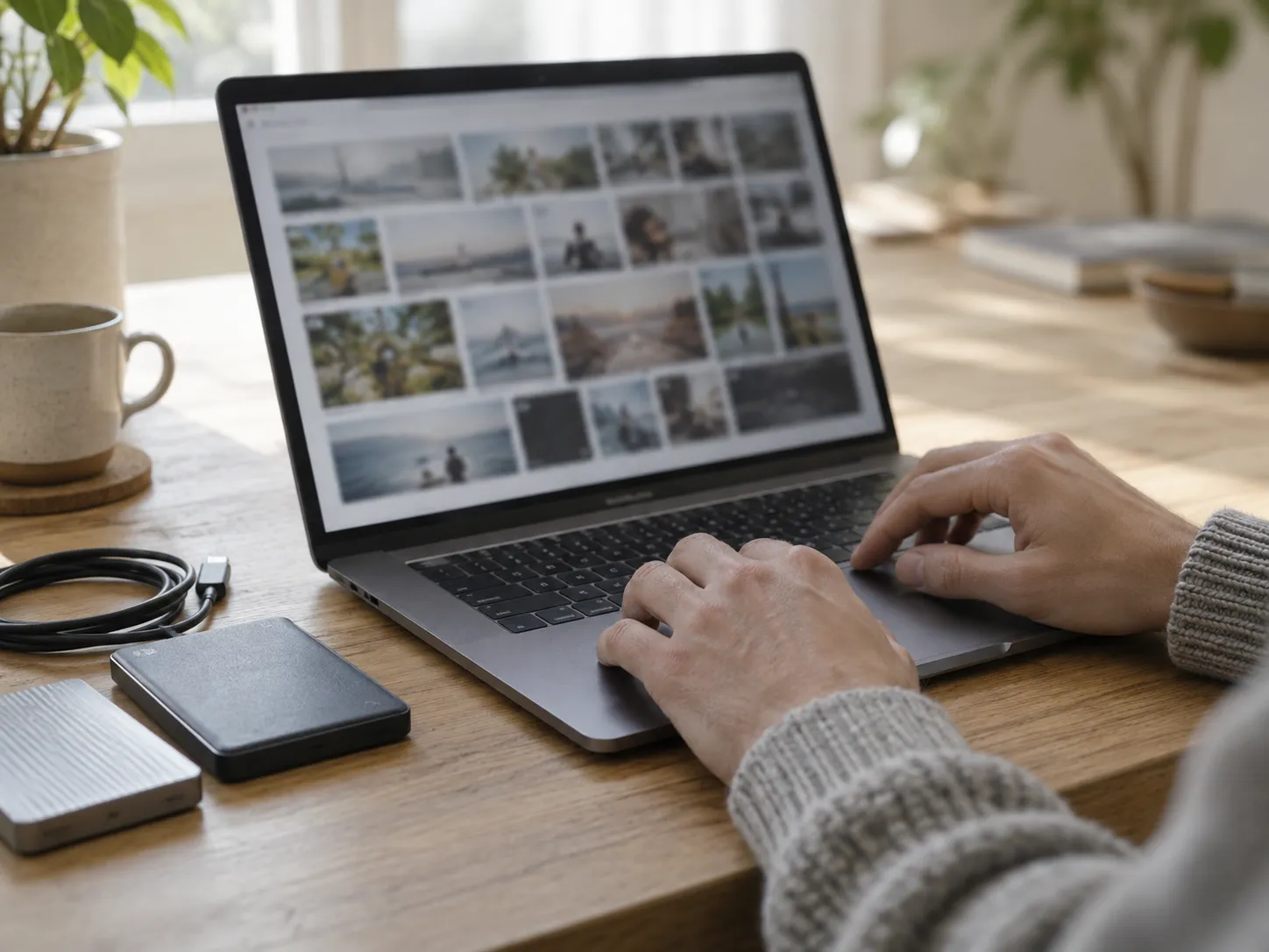 Hands on a laptop showing a grid of image and video thumbnails, with two external drives and a cable on the desk