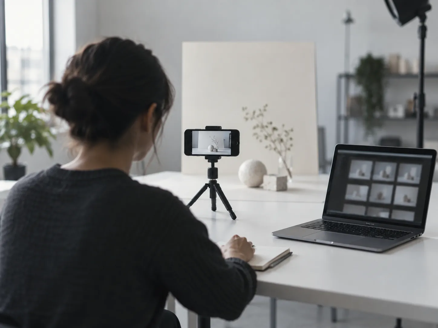 A person at a white test bench with a phone on a tripod and a laptop showing image thumbnails