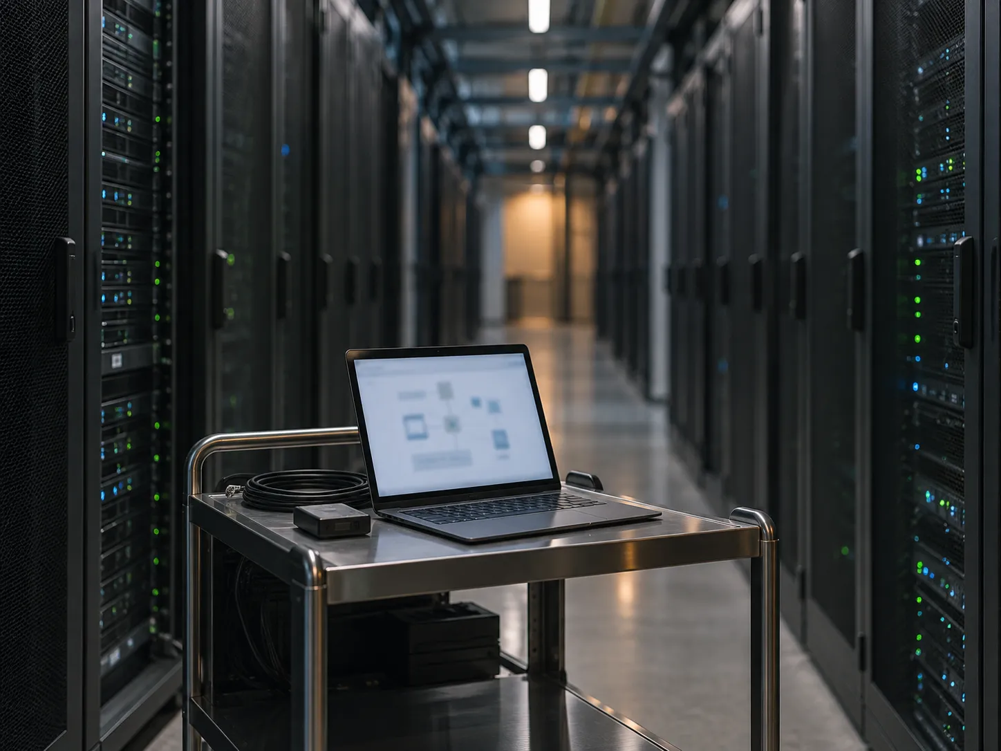 A laptop on a steel cart in an empty server aisle, its screen showing a pipeline diagram of connected boxes