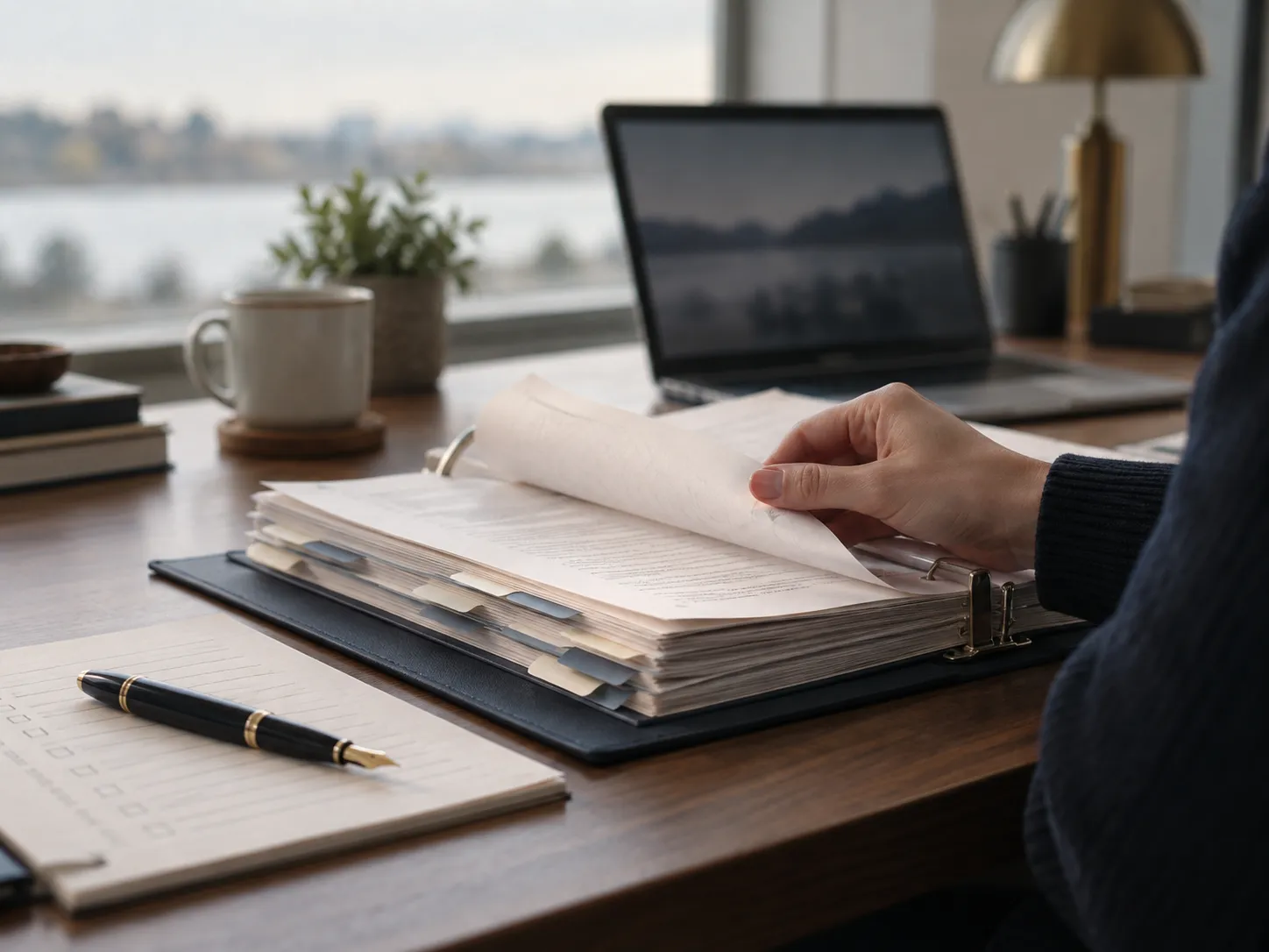 A hand turning pages in a thick tabbed records binder, with a checklist and fountain pen beside it and a laptop behind