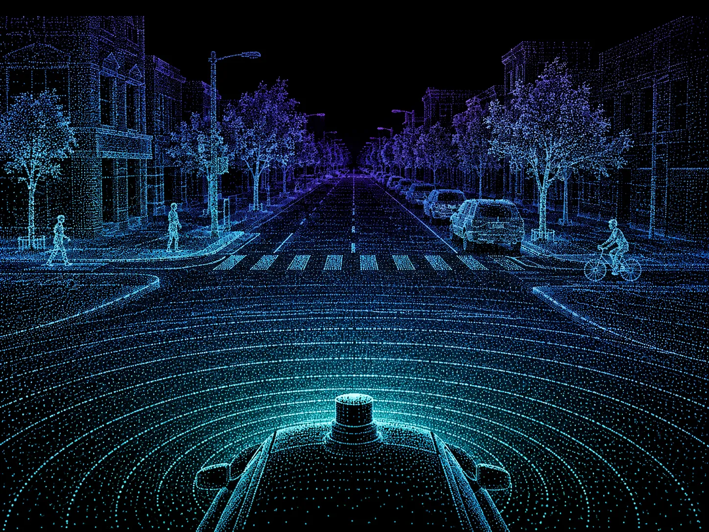 A lidar point cloud of a city intersection at night, seen from a self-driving car's roof: road, crosswalk, parked cars, a cyclist, and pedestrians traced in points
