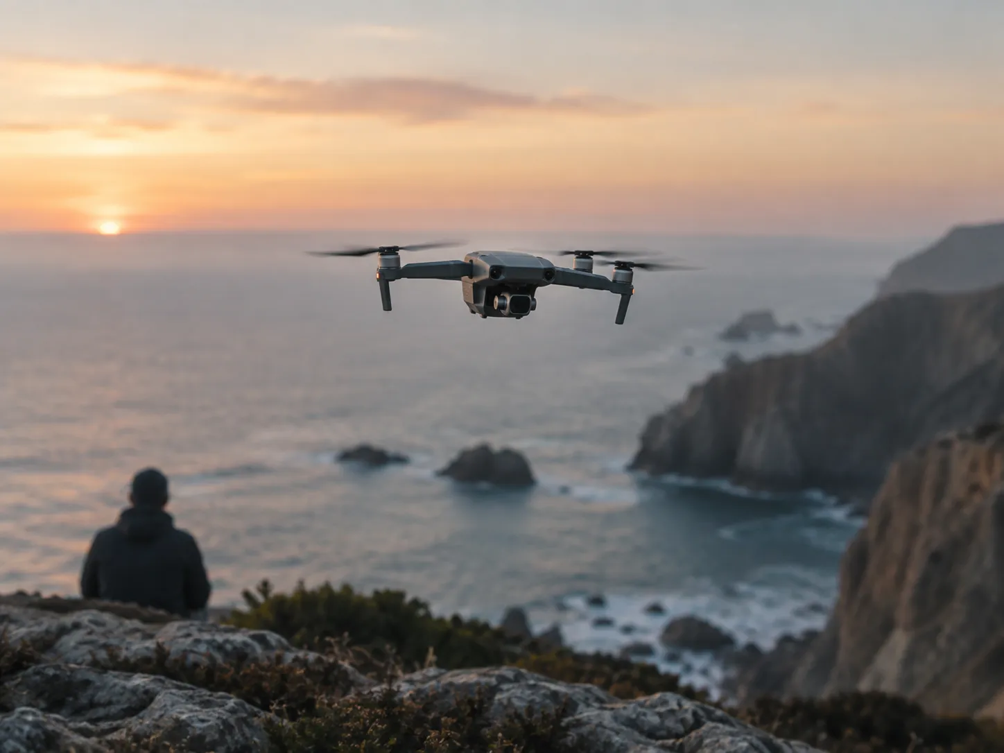 A small survey drone hovering over a rocky coastline at dusk