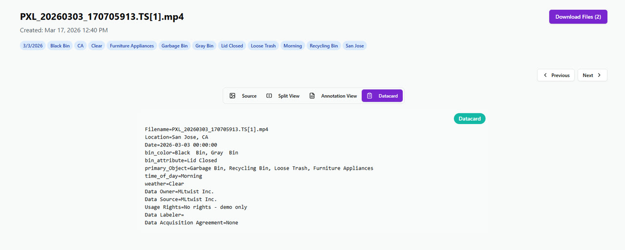 A Data ID Card in MLtwist listing a video file's location, date, labeled objects, owner, source, and usage rights
